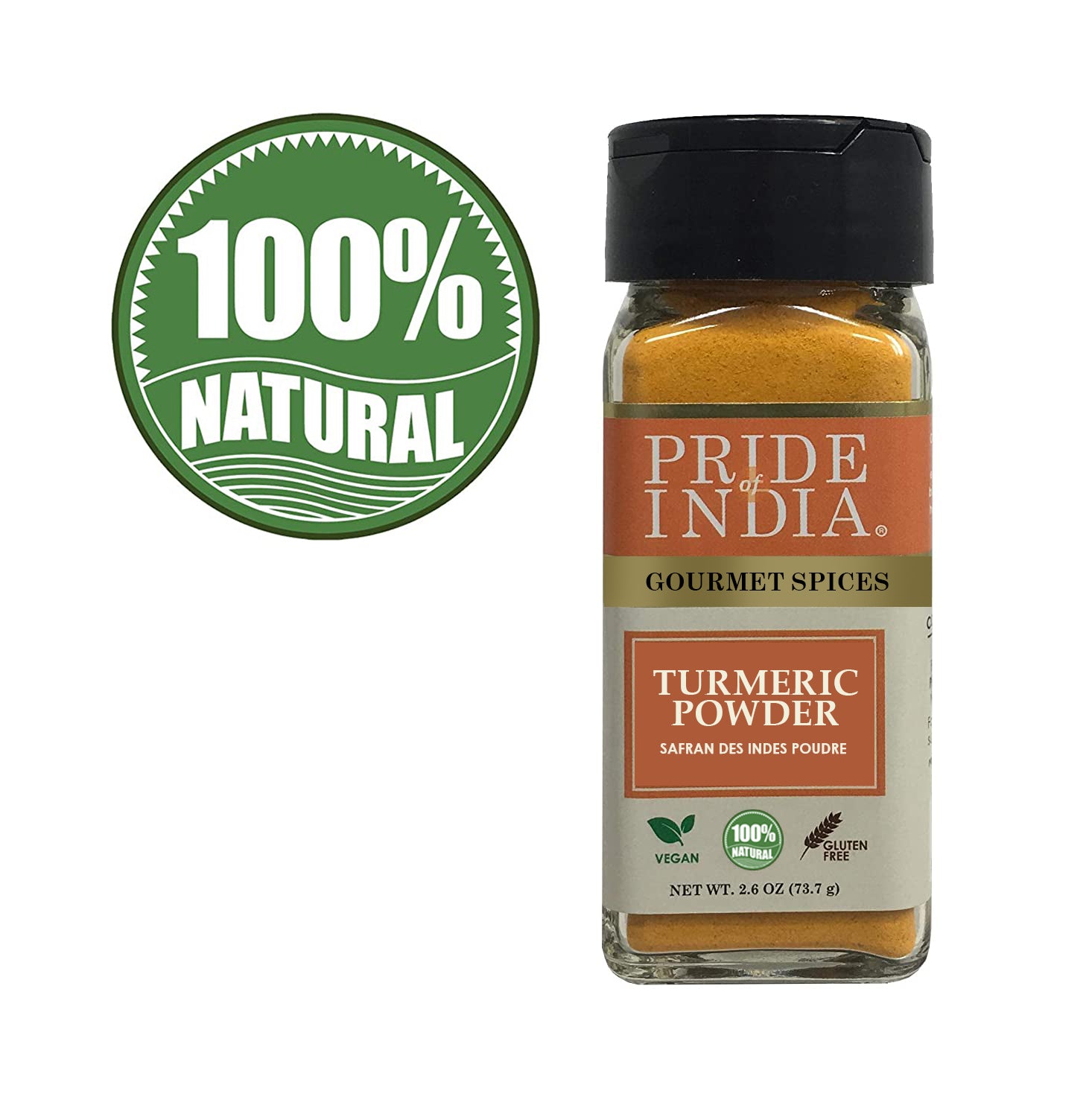 A jar of Pride of India Gourmet Turmeric Ground showcasing its vibrant yellow color, symbolizing purity and high curcumin content.