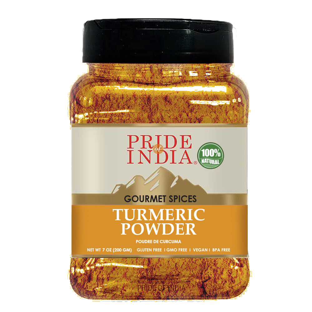 A jar of Pride of India Gourmet Turmeric Ground showcasing its vibrant yellow color, symbolizing purity and high curcumin content.