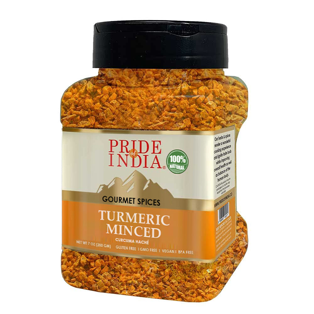 A jar of Gourmet Turmeric Minced Whole showcasing its vibrant yellow color, ideal for culinary use.
