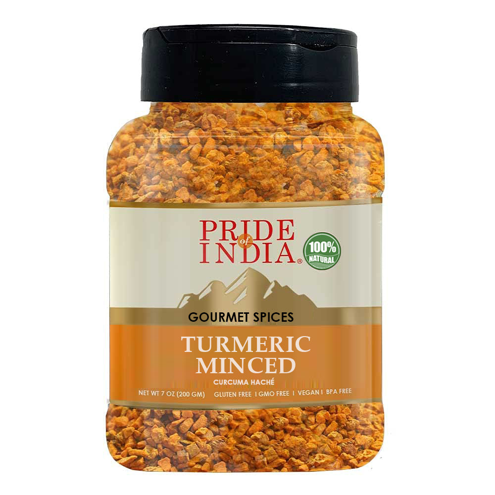 A jar of Gourmet Turmeric Minced Whole showcasing its vibrant yellow color, ideal for culinary use.