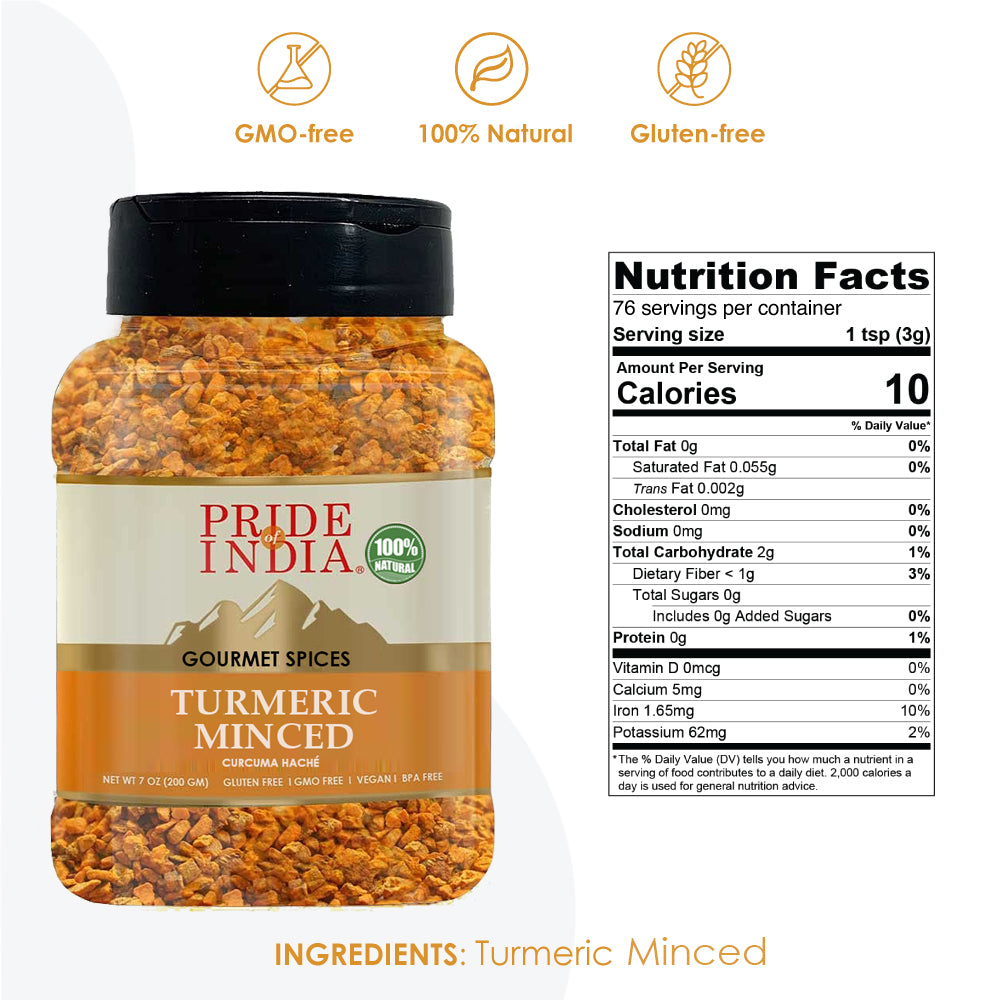 A jar of Gourmet Turmeric Minced Whole showcasing its vibrant yellow color, ideal for culinary use.