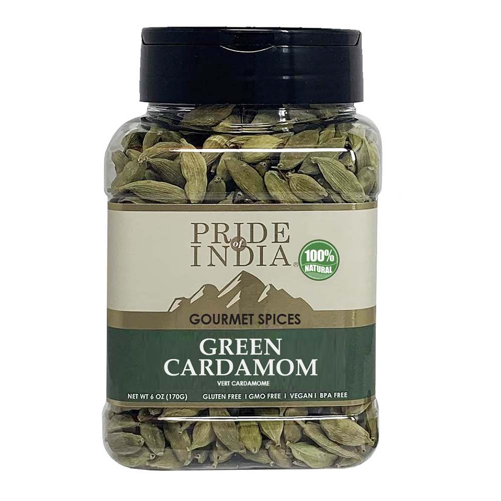 A 6 oz package of whole green cardamom pods, showcasing their vibrant green color and unique shape, perfect for culinary use.