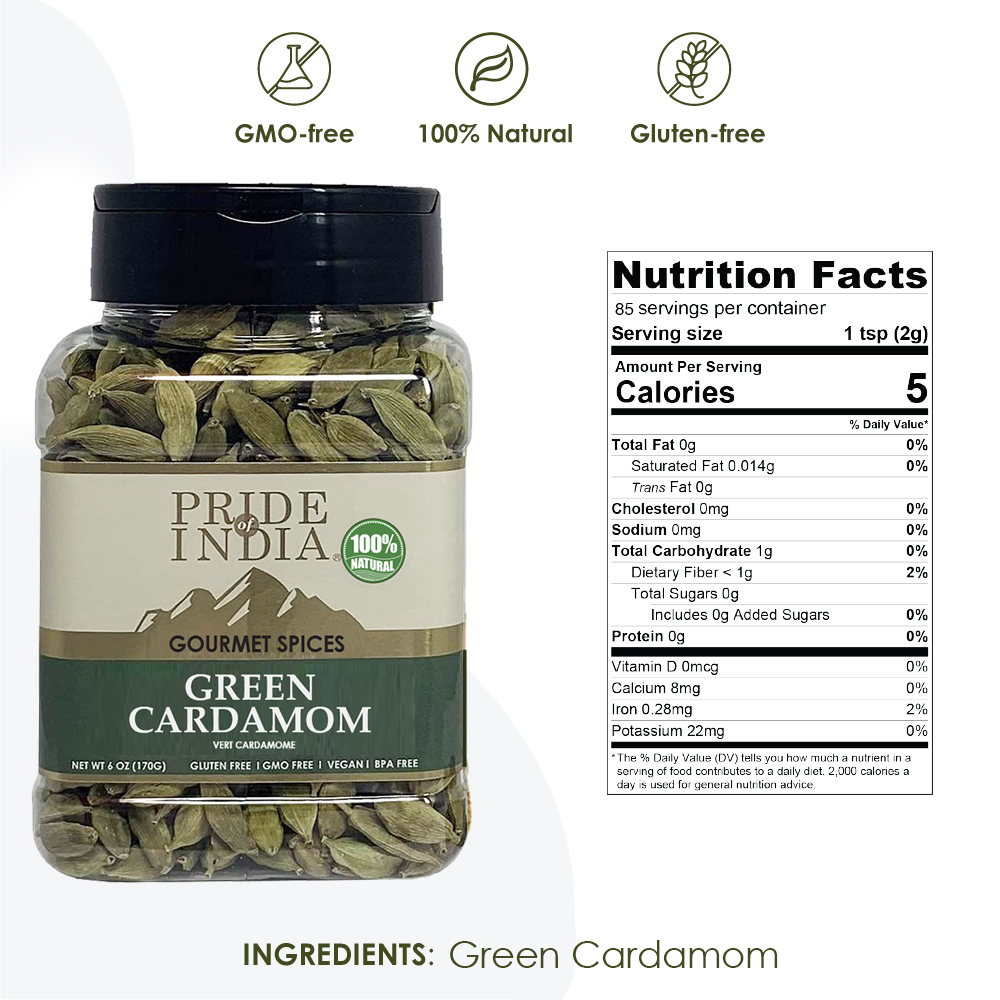 A 6 oz package of whole green cardamom pods, showcasing their vibrant green color and unique shape, perfect for culinary use.