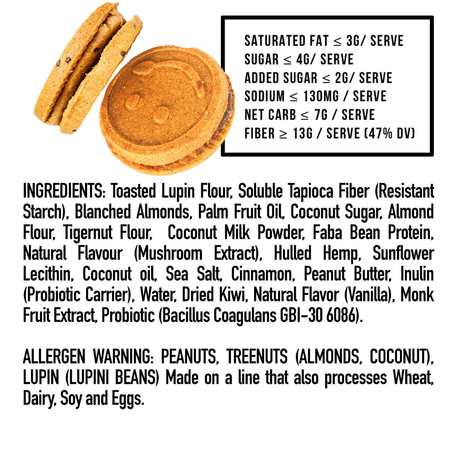 Gut Happy Cookies featuring salted almond butter, vanilla, and hemp, beautifully arranged on a wooden table, showcasing their delicious sandwich cream design.