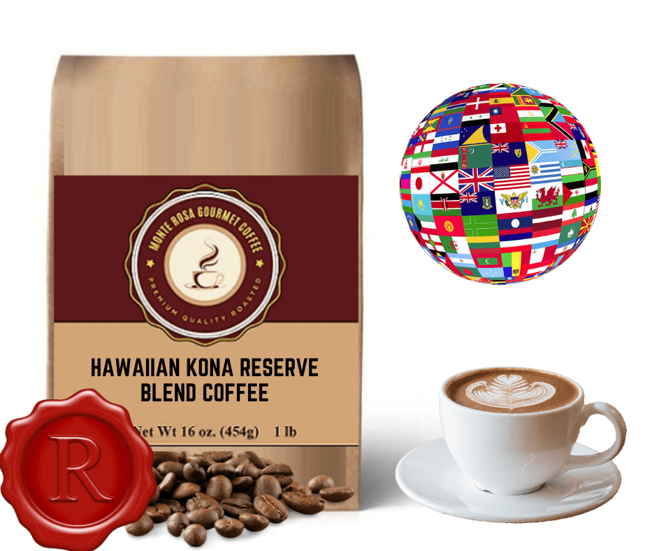 A bag of Hawaiian Kona Reserve Blend coffee showcasing its premium quality and rich flavor profile, set against a backdrop of Hawaiian landscapes.