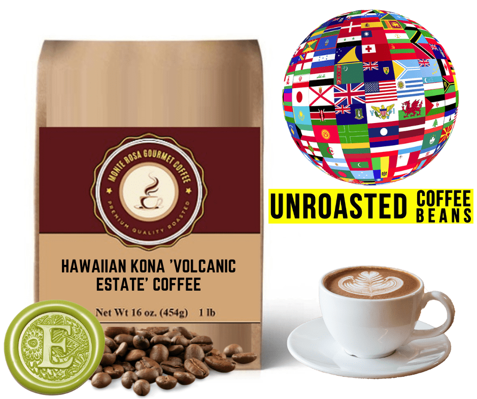 A bag of Hawaiian Kona 'Volcanic Estate' Coffee showcasing its rich green unroasted beans, with a backdrop of lush volcanic landscapes.