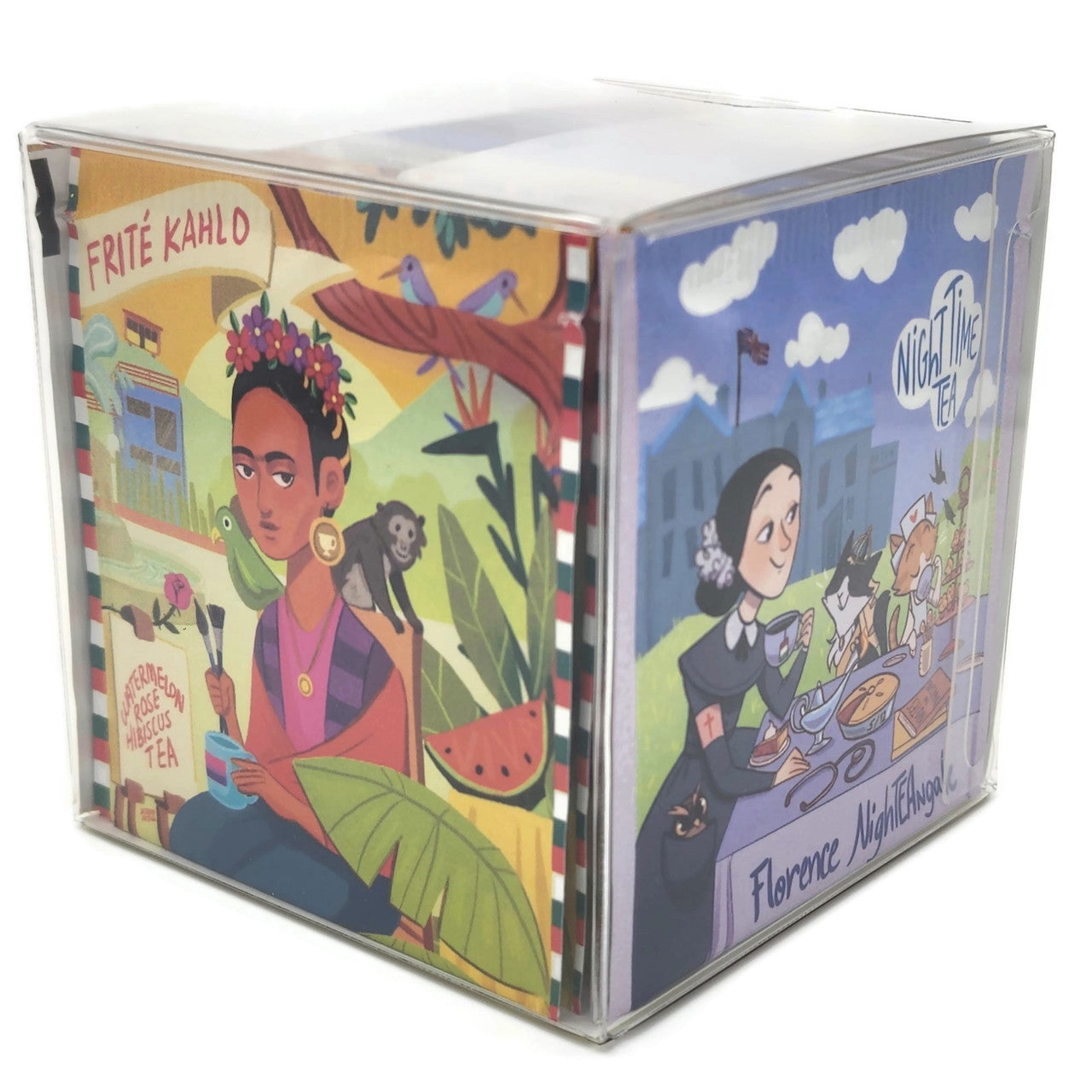 Herbal Floral Caffeine Free Tea Sampler displayed in a recycled plastic gift cube, showcasing various colorful tea blends.