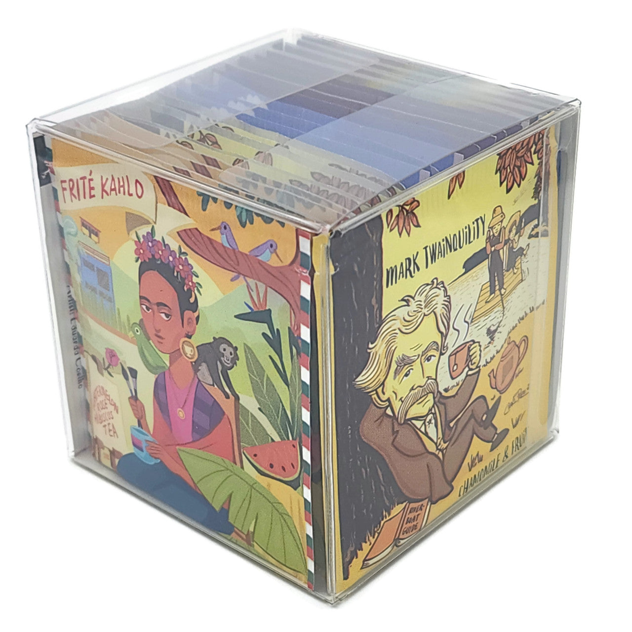 Herbal Floral Caffeine Free Tea Sampler displayed in a recycled plastic gift cube, showcasing various colorful tea blends.