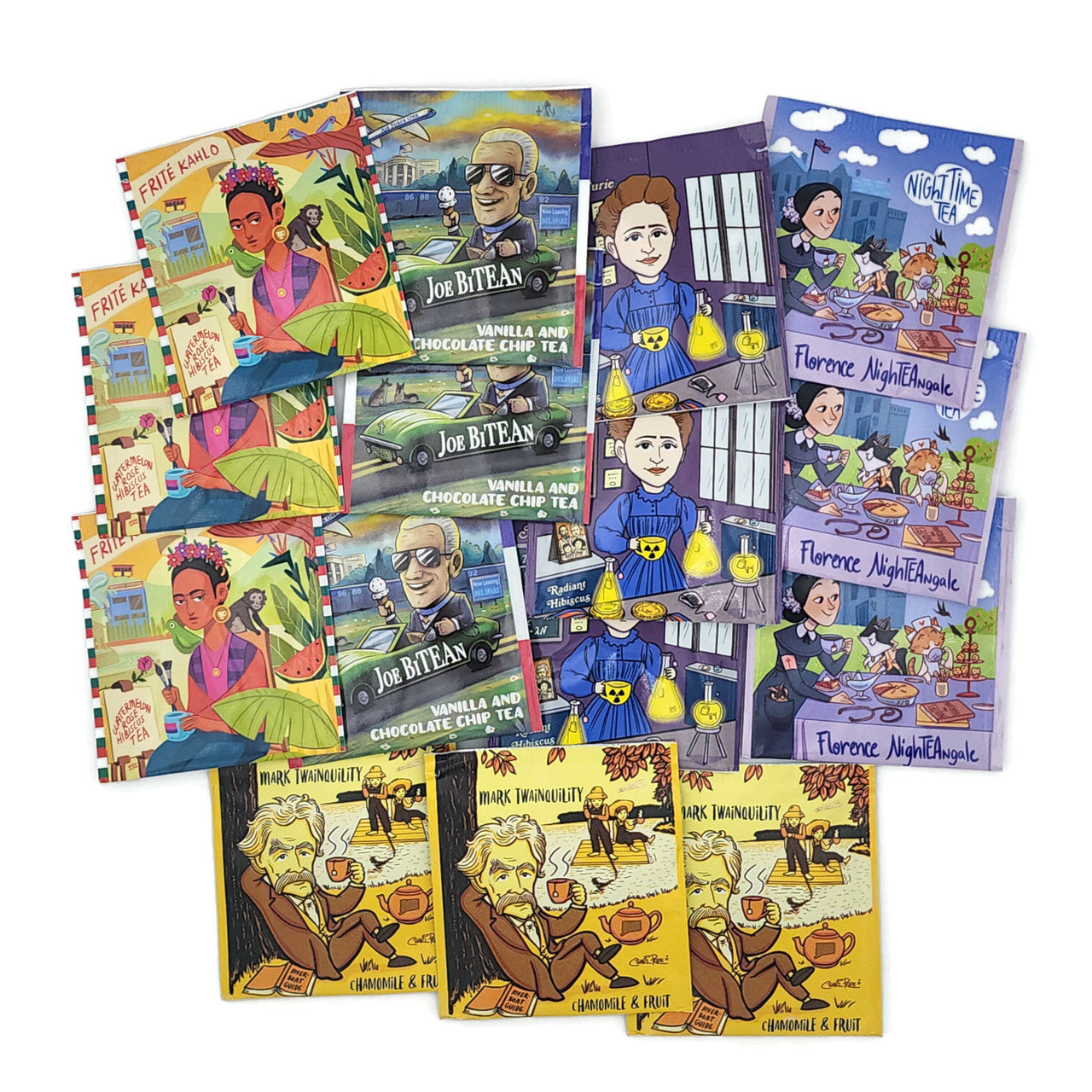 Herbal Floral Caffeine Free Tea Sampler displayed in a recycled plastic gift cube, showcasing various colorful tea blends.