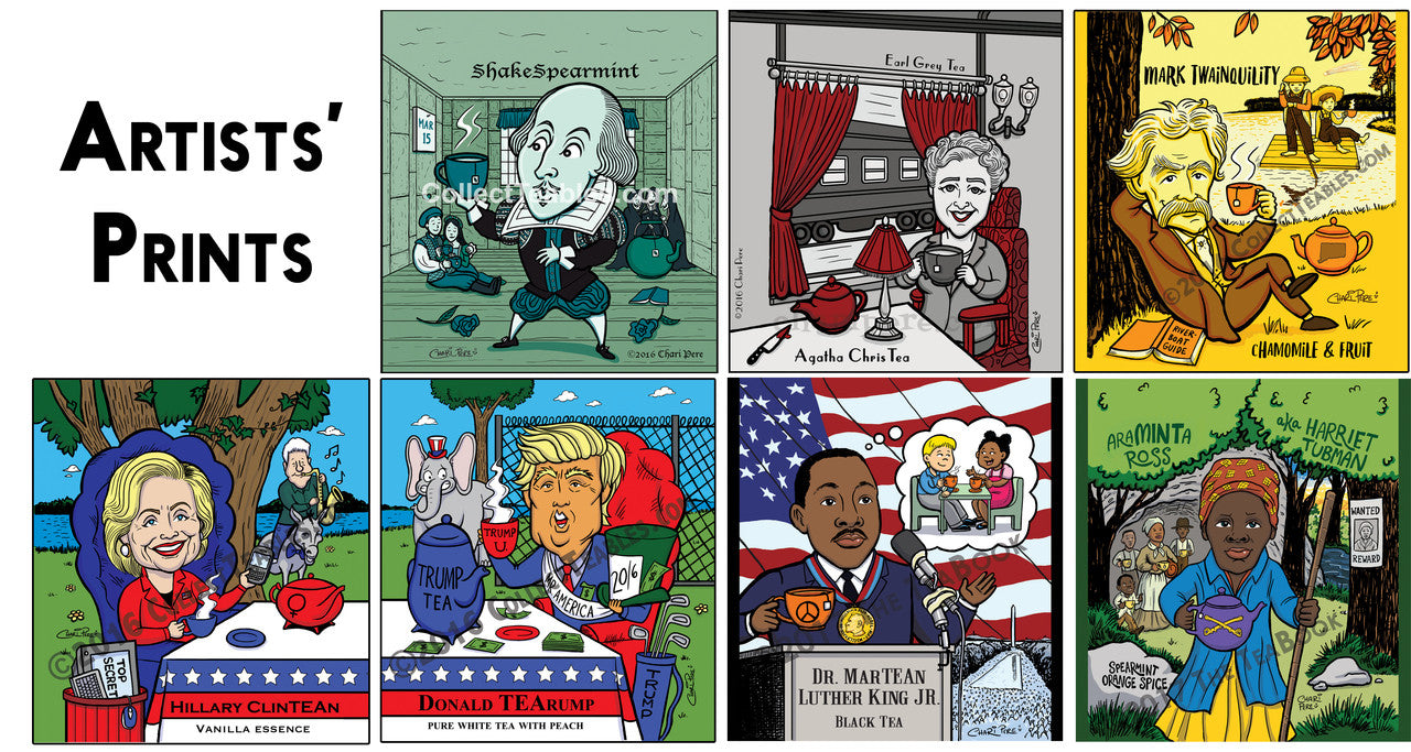 High Resolution Artist Print featuring whimsical tea bag art, vibrant colors, and intricate details, perfect for home decor.