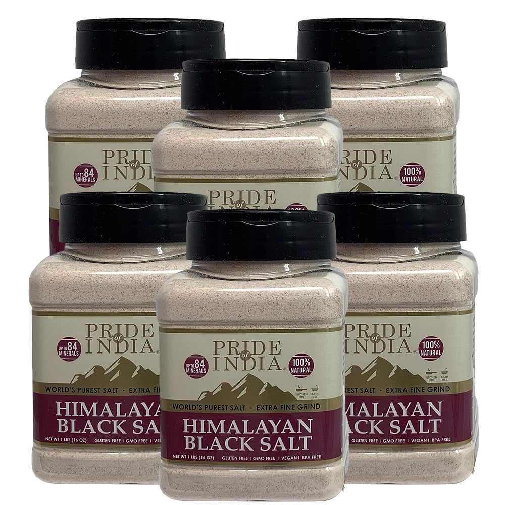 A jar of Pride of India Himalayan Black Rock Salt (Kala Namak) - Extra Fine Grind showcasing its blackish-brown color and fine texture.