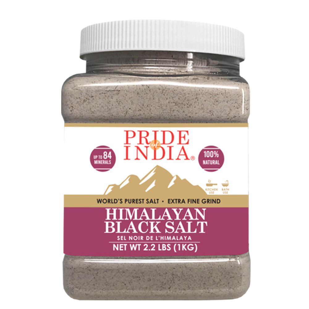 A jar of Pride of India Himalayan Black Rock Salt (Kala Namak) - Extra Fine Grind showcasing its blackish-brown color and fine texture.