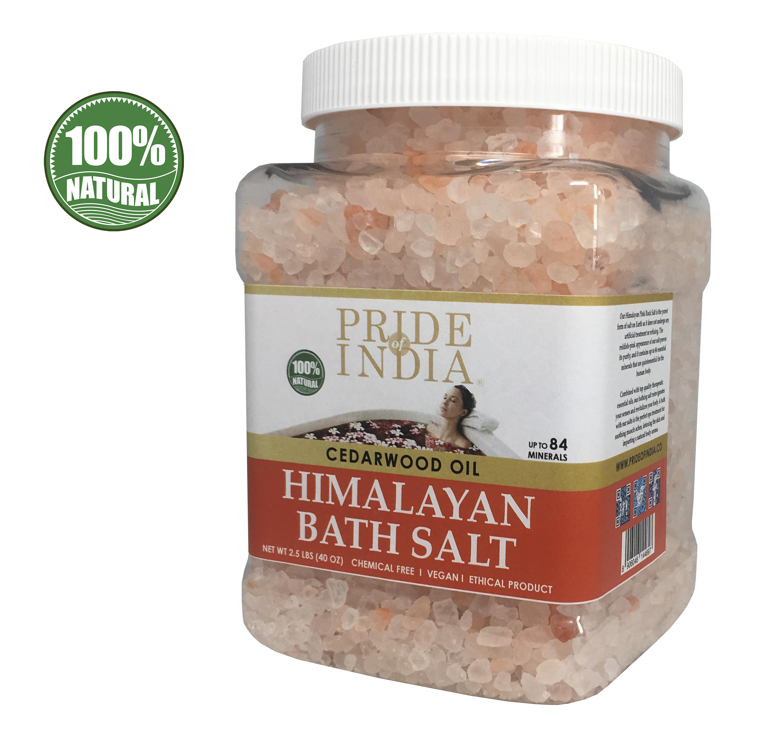 Himalayan Pink Bathing Salt in a clear jar, enriched with Cedarwood Oil, showcasing its natural reddish-pink color and mineral-rich texture.