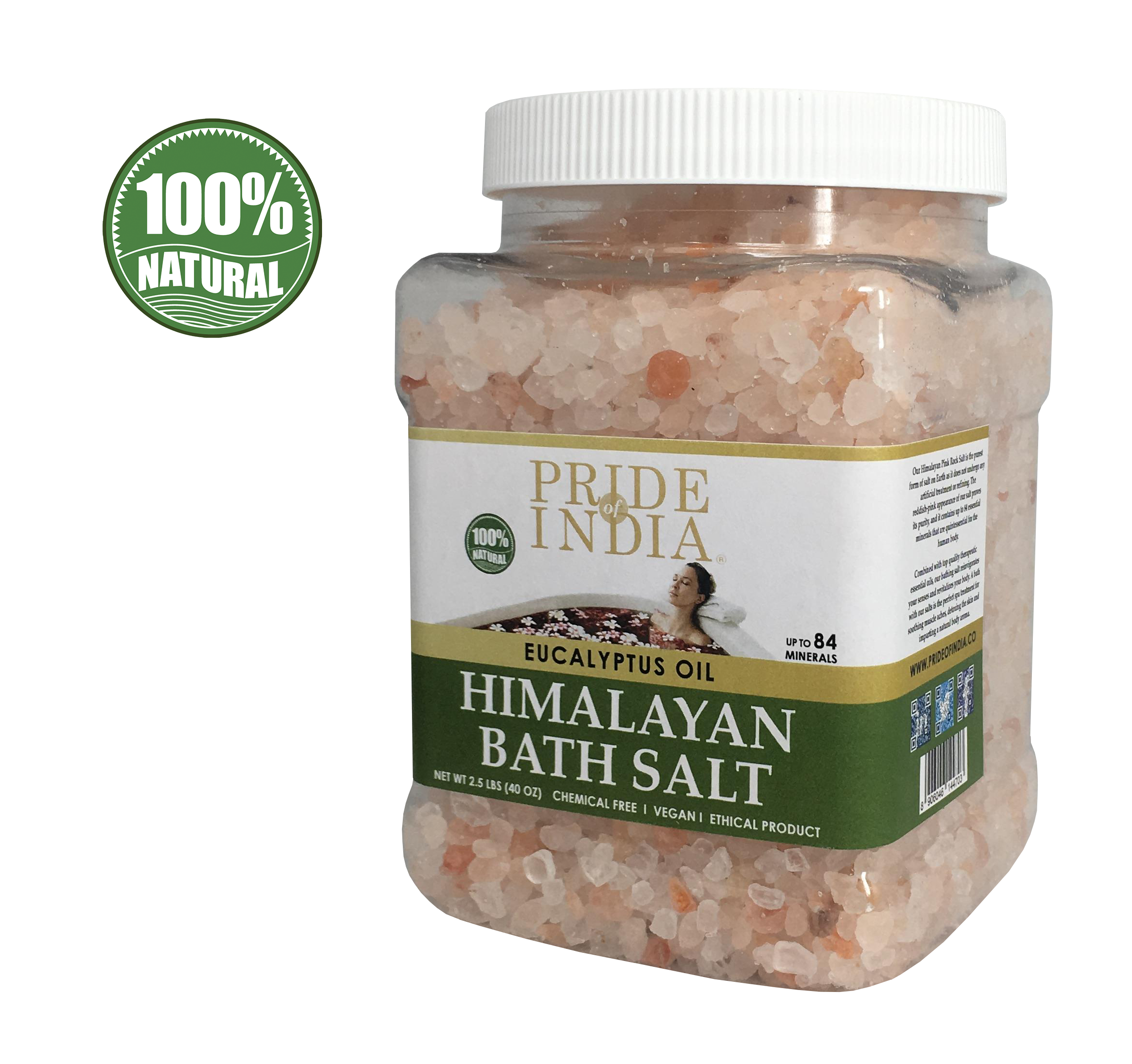 A jar of Himalayan Pink Bathing Salt enriched with eucalyptus oil, showcasing its natural reddish-pink color and texture.