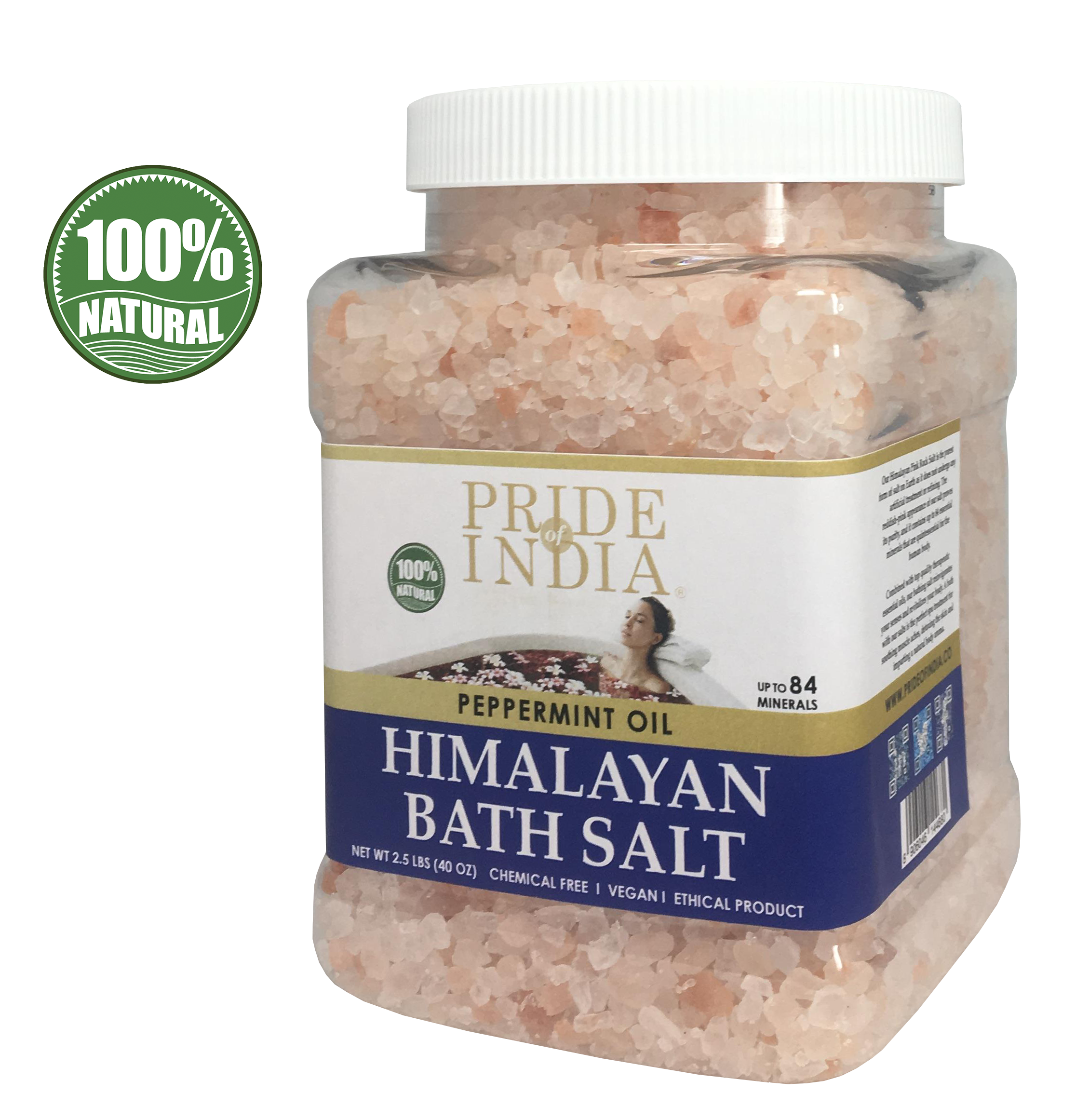 Himalayan Pink Bathing Salt in a clear jar with peppermint oil, showcasing its natural reddish-pink color and mineral richness.