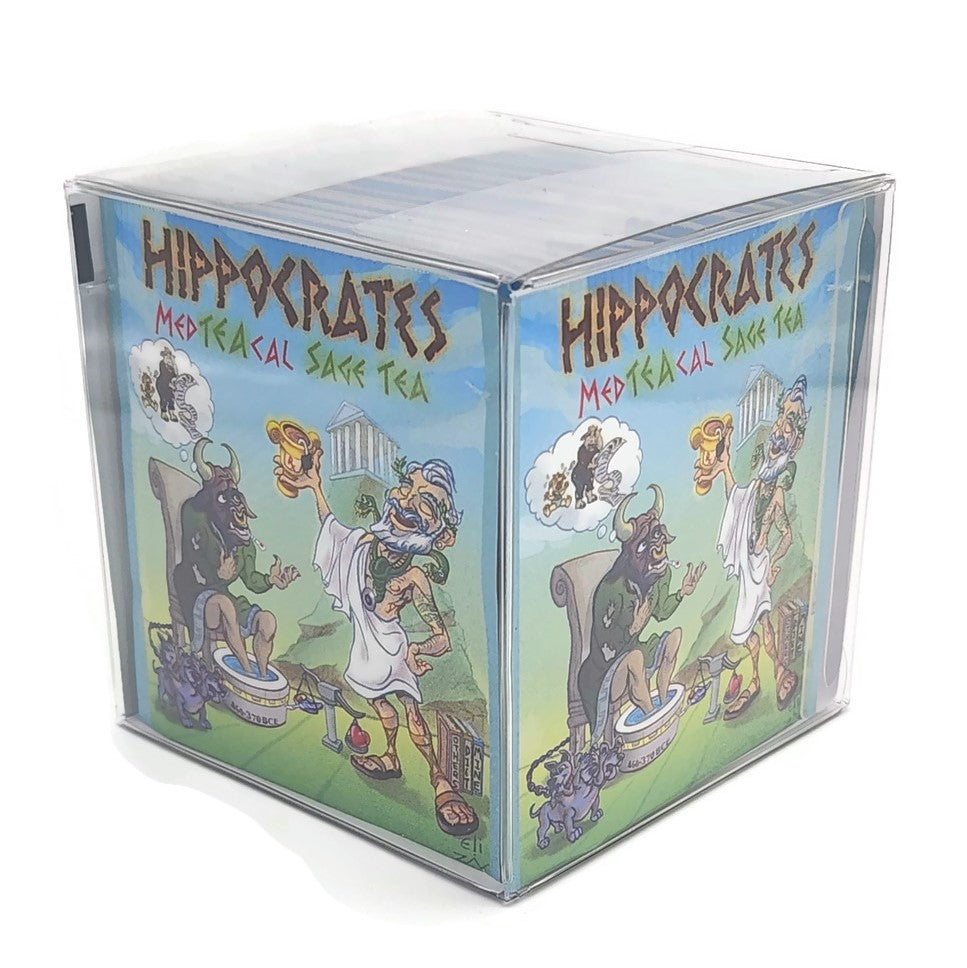 Hippocrates Med-TEA-cal Sage and Berry Tea in a beautifully designed package, showcasing organic ingredients and artistic wrapper.