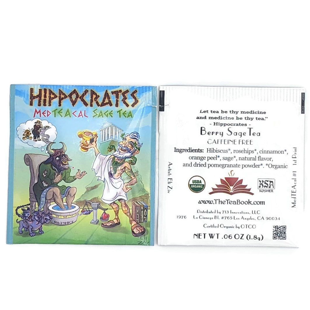 Hippocrates Med-TEA-cal Sage and Berry Tea in a beautifully designed package, showcasing organic ingredients and artistic wrapper.