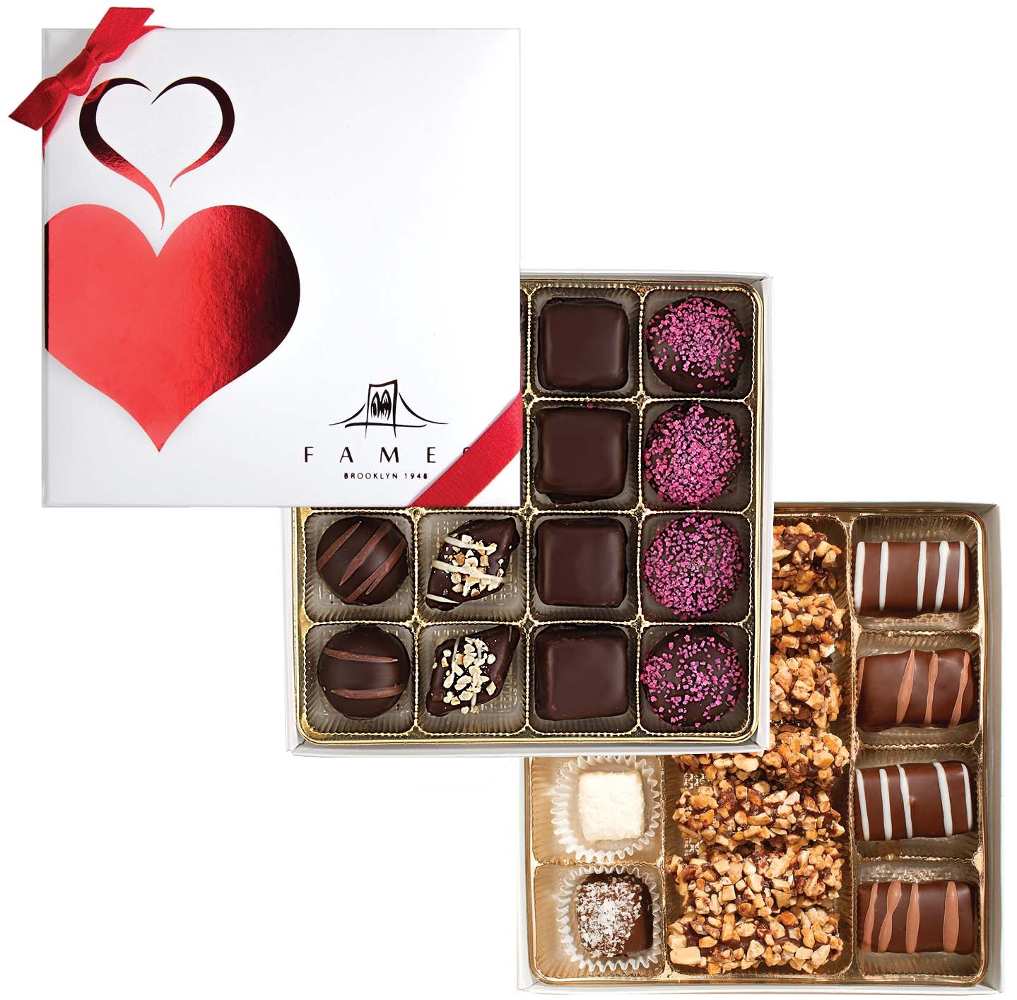 A beautifully arranged Holiday Chocolate Gift Box containing 31 assorted gourmet chocolates in elegant packaging, perfect for gifting.