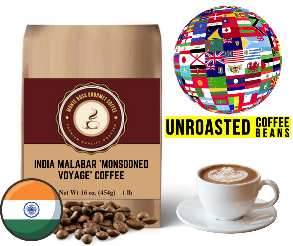 A bag of India Malabar 'Monsooned Voyage' Coffee showcasing its rich, earthy tones and branding from Monte Rosa Gourmet Coffee.