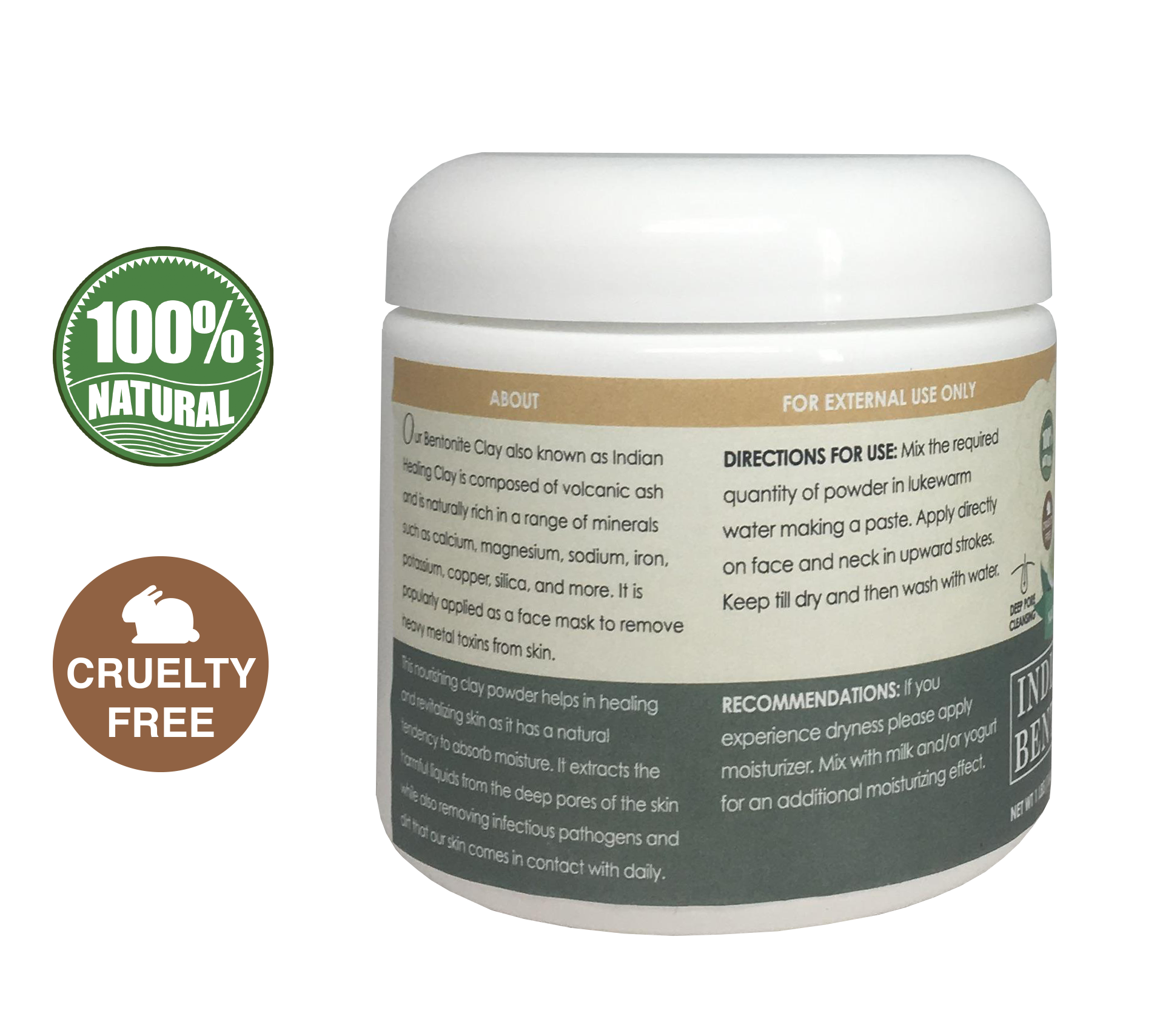 A 1-pound jar of Indian Healing Bentonite Clay Natural Face Mask Powder, showcasing its fine texture and natural color, ideal for skincare.