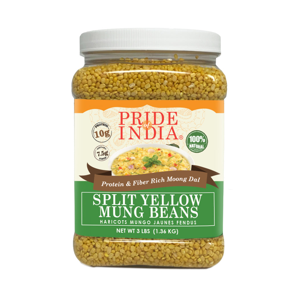 A jar of Indian Split Yellow Mung Lentils, showcasing the vibrant yellow color and high-quality packaging.