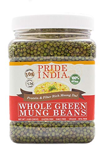 A jar of Indian Whole Green Mung Gram, showcasing its rich green color and healthy appearance, perfect for cooking and sprouting.