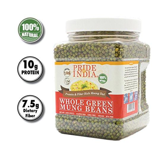 A jar of Indian Whole Green Mung Gram, showcasing its rich green color and healthy appearance, perfect for cooking and sprouting.