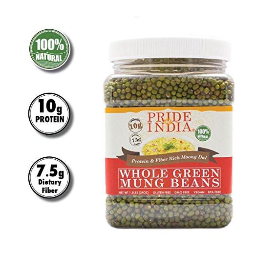 A jar of Indian Whole Green Mung Gram, showcasing its rich green color and healthy appearance, perfect for cooking and sprouting.
