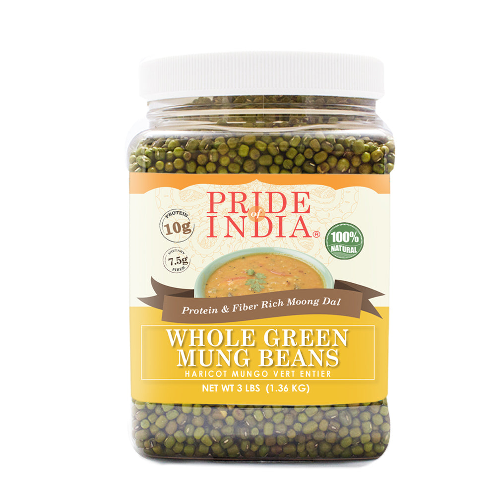 A jar of Indian Whole Green Mung Gram, showcasing its rich green color and healthy appearance, perfect for cooking and sprouting.