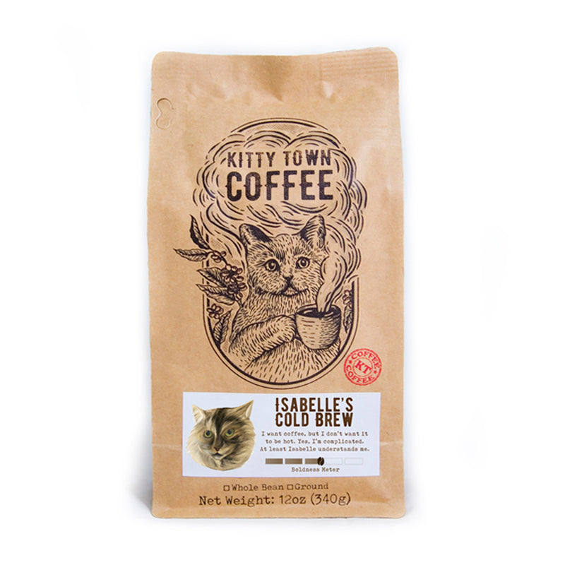 A bag of Isabelle's Cold Brew Blend featuring a chocolatey and sweet coffee blend with caramel hints, perfect for cold brewing.