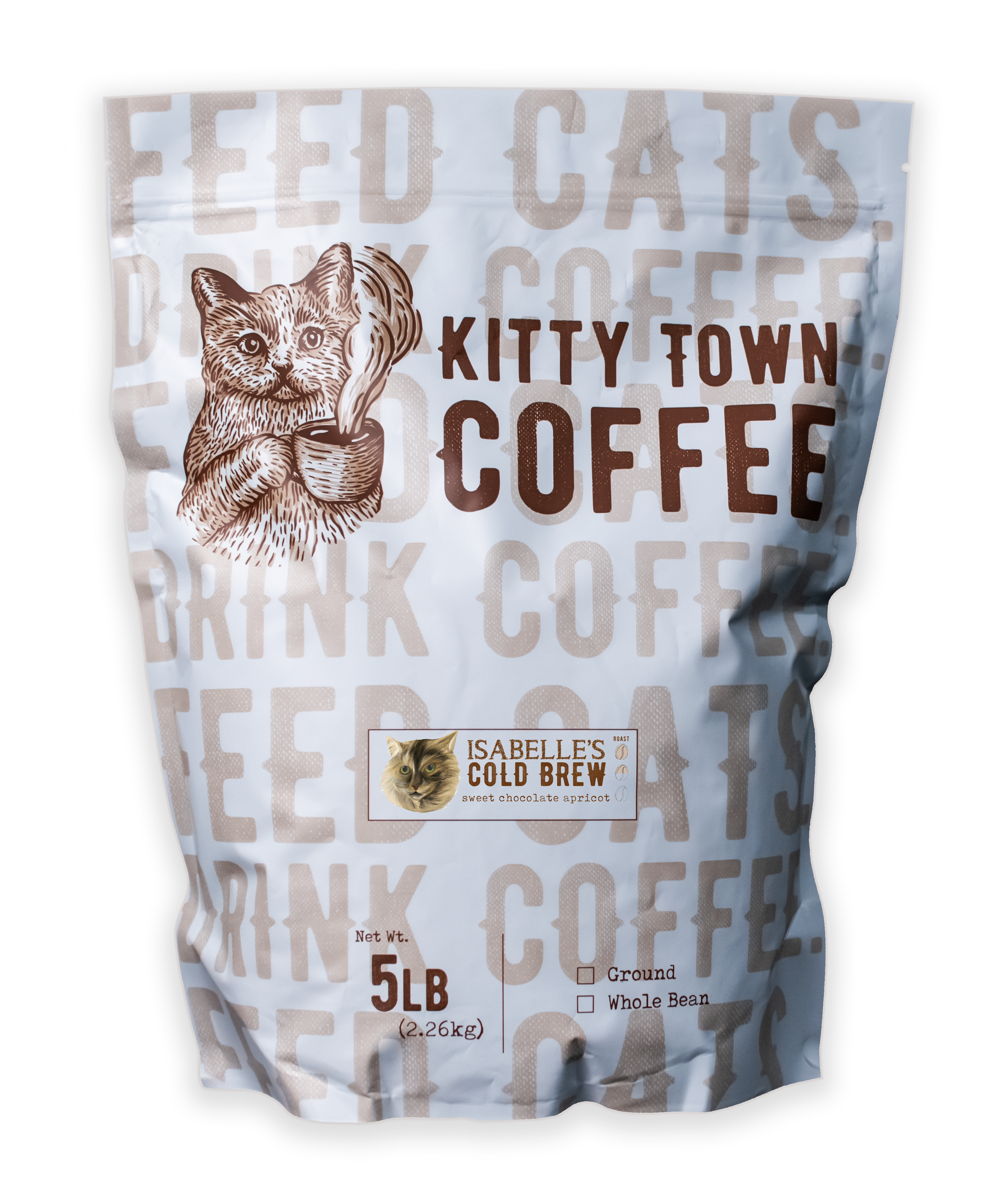 A bag of Isabelle's Cold Brew Blend featuring a chocolatey and sweet coffee blend with caramel hints, perfect for cold brewing.