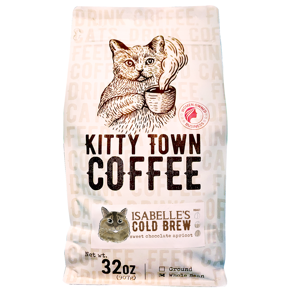 A bag of Isabelle's Cold Brew Blend featuring a chocolatey and sweet coffee blend with caramel hints, perfect for cold brewing.