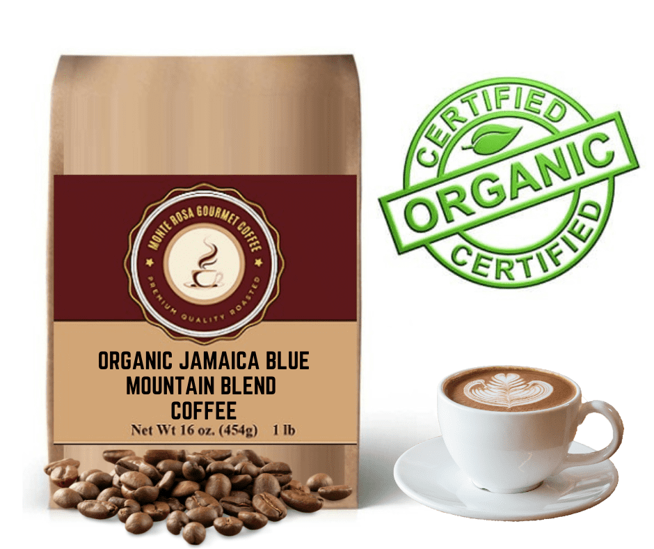 A bag of Jamaica Blue Mountain Organic Blend Coffee showcasing its premium quality and rich aroma.
