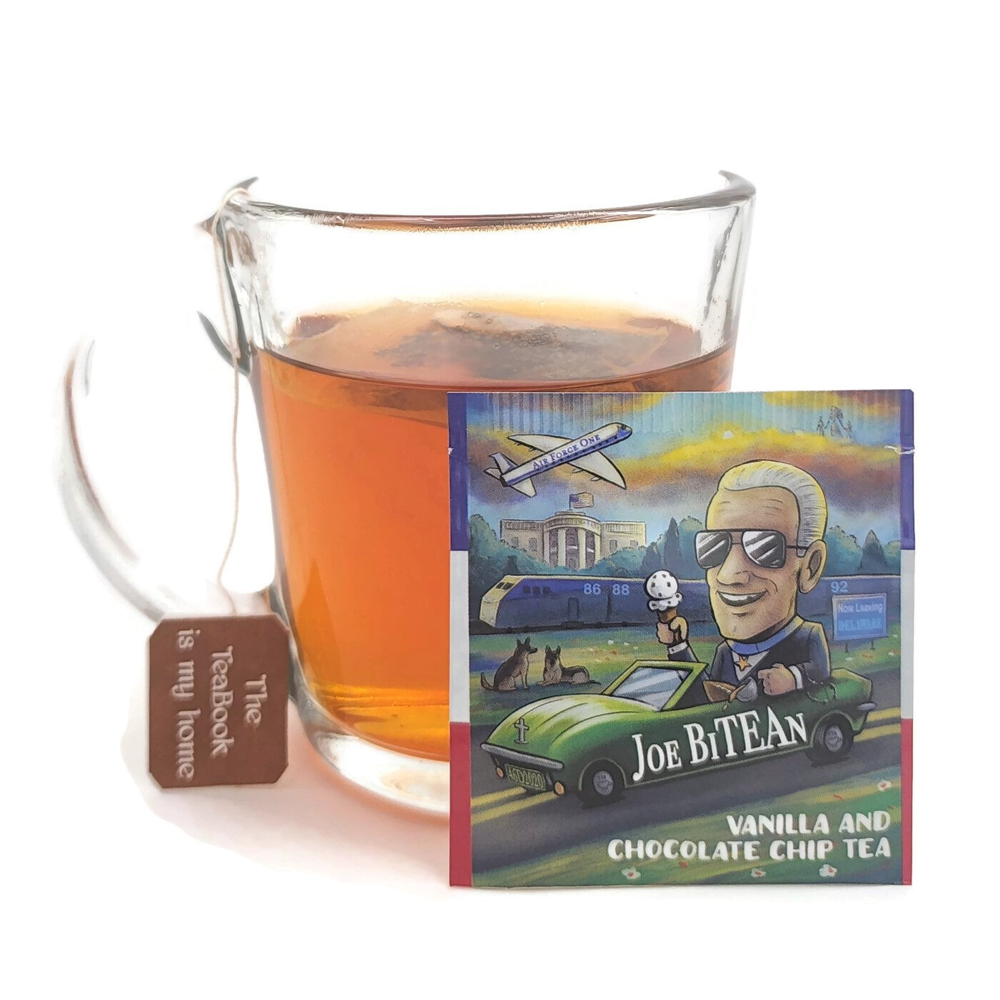 A beautifully packaged Joe BiTEAn Vanilla Chocolate Chip Tea, featuring an artistic wrapper and eco-friendly design.