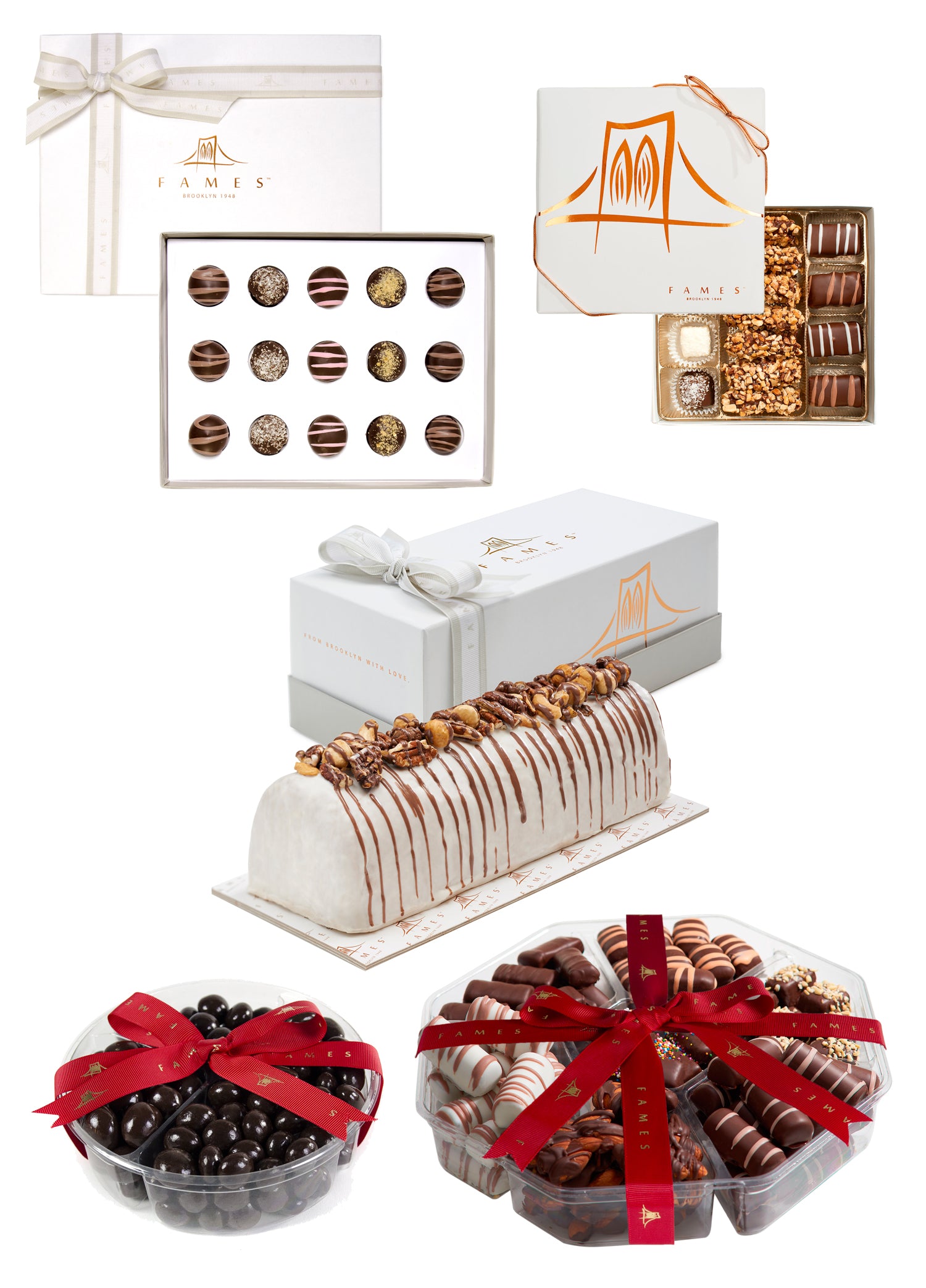 Large Holiday Chocolate Gift Assortment featuring five assorted chocolate gifts in elegant packaging, perfect for gifting.
