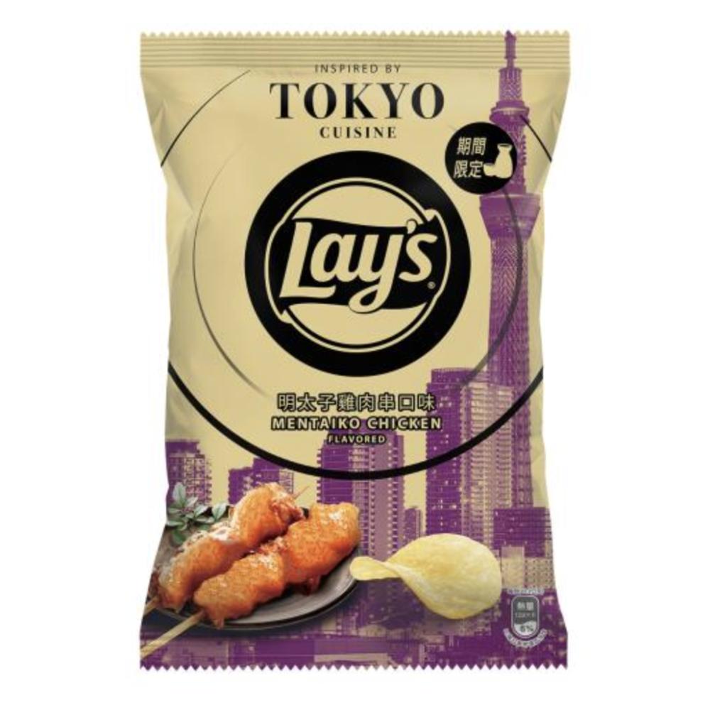A bag of Lay's Mentaiko Chicken Flavor Potato Chips, showcasing the vibrant packaging and crispy chips inside.