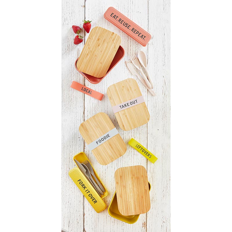 Vivid yellow Leftovers Bamboo Lunch Box with bamboo wood lid and silicone sleeve, perfect for eco-friendly meals.