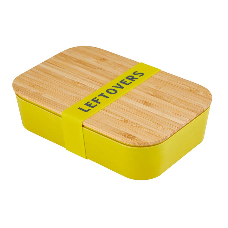 Vivid yellow Leftovers Bamboo Lunch Box with bamboo wood lid and silicone sleeve, perfect for eco-friendly meals.