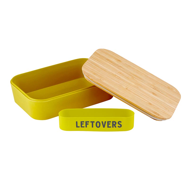Vivid yellow Leftovers Bamboo Lunch Box with bamboo wood lid and silicone sleeve, perfect for eco-friendly meals.