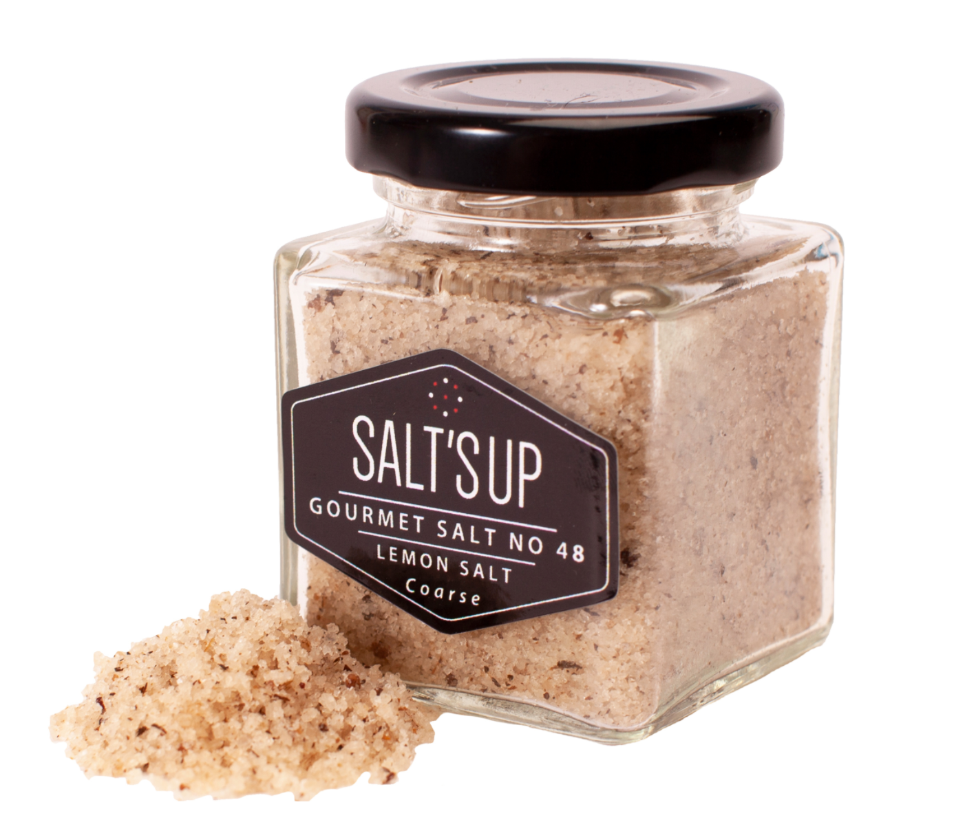 A glass jar of coarse lemon salt with lemon slices and sea salt crystals, showcasing its vibrant texture and color.