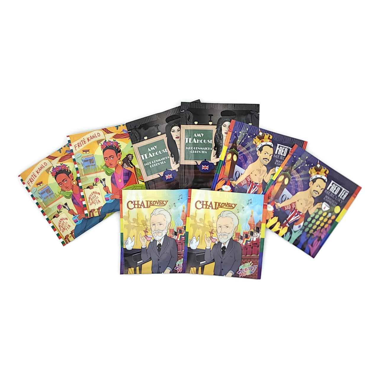 LGBQTea Sampler featuring a colorful assortment of organic teas in eco-friendly packaging, celebrating LGBTQ pride and music.