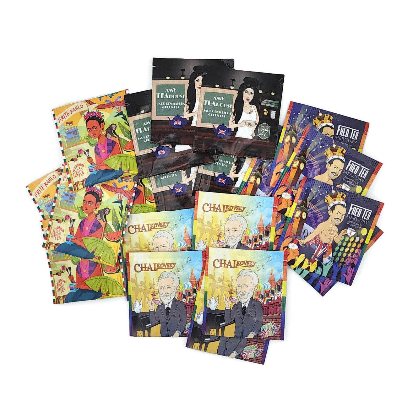 LGBQTea Sampler featuring a colorful assortment of organic teas in eco-friendly packaging, celebrating LGBTQ pride and music.