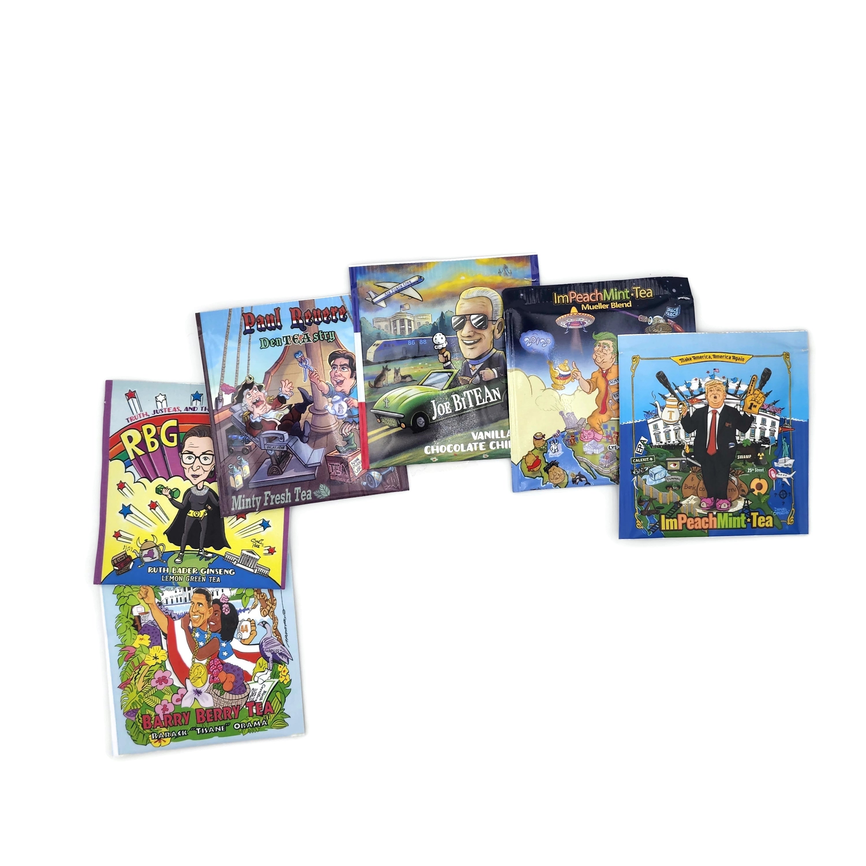 Liberal SuperPAC Tea Sampler featuring a colorful assortment of organic tea flavors in a recycled plastic gift cube.