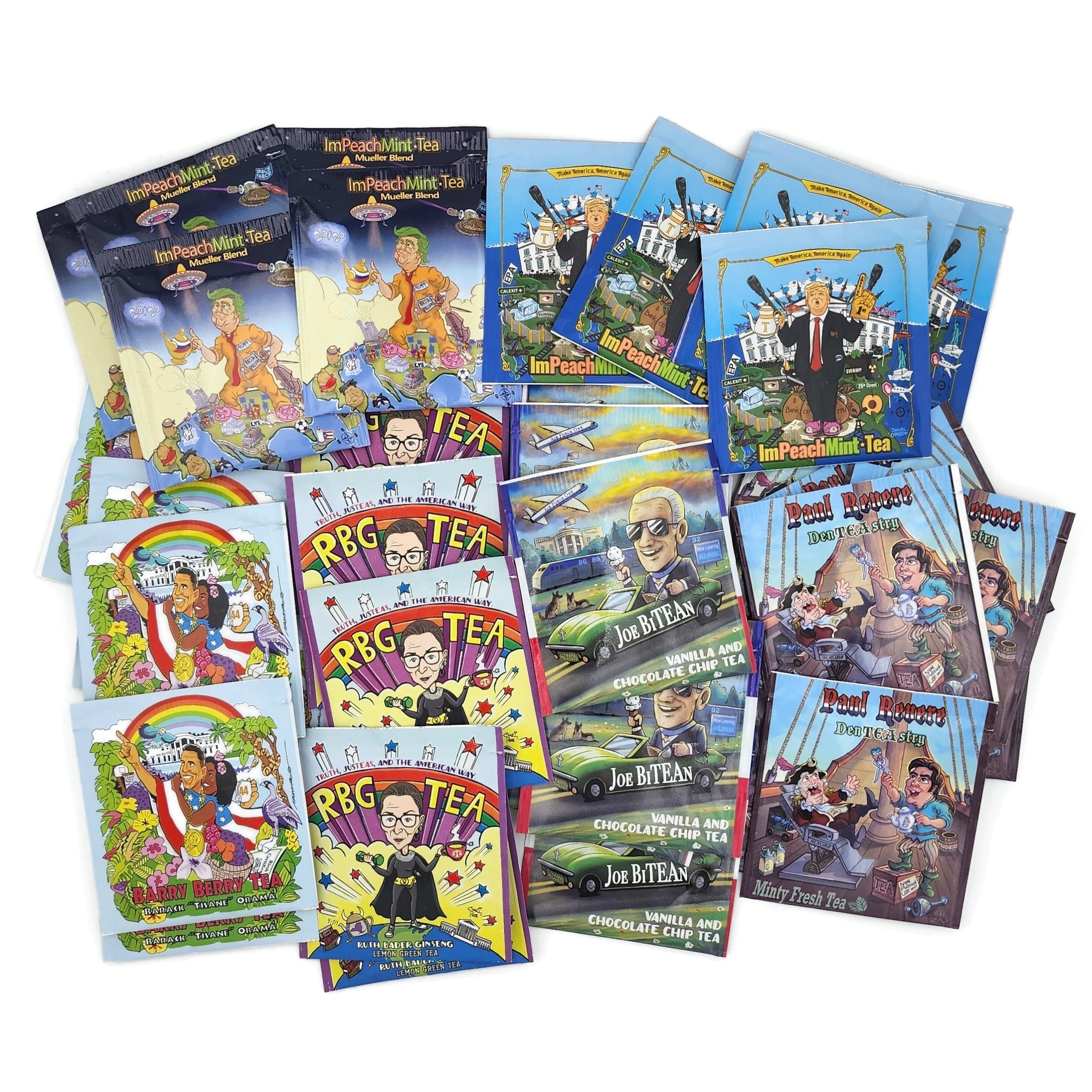 Liberal SuperPAC Tea Sampler featuring a colorful assortment of organic tea flavors in a recycled plastic gift cube.