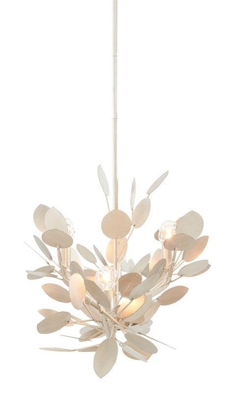 Lunaria Oval Chandelier featuring fluttering disc design in contemporary silver leaf finish, made of wrought iron.