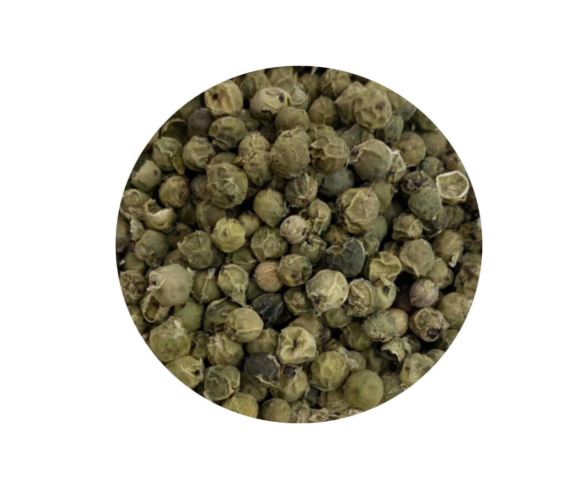 A close-up of Malabar Green pepper ecopack showcasing the vibrant green peppercorns and eco-friendly packaging.