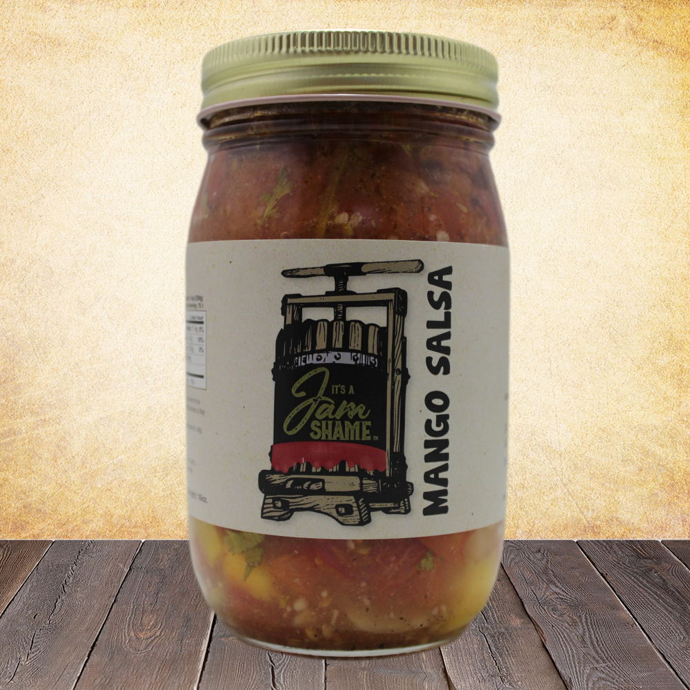 A 16oz jar of Mango Salsa featuring vibrant colors of mango, tomatoes, and herbs, perfect for dipping or cooking.