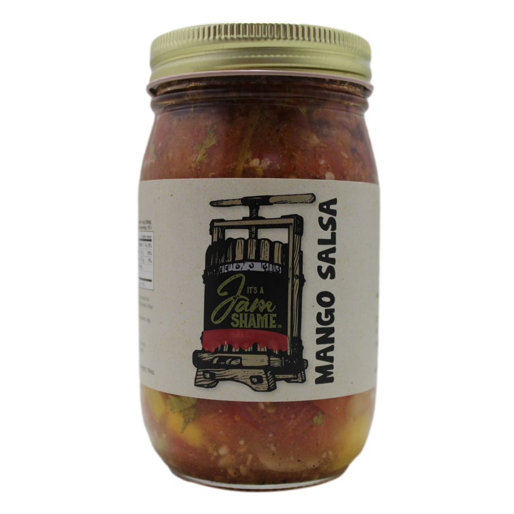 A 16oz jar of Mango Salsa featuring vibrant colors of mango, tomatoes, and herbs, perfect for dipping or cooking.