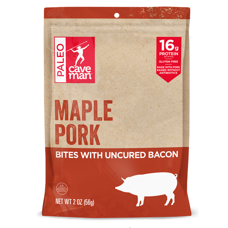 Caveman Maple Pork Meat Bites in pouches, showcasing gluten-free, protein-rich snacks made from antibiotic-free pork.
