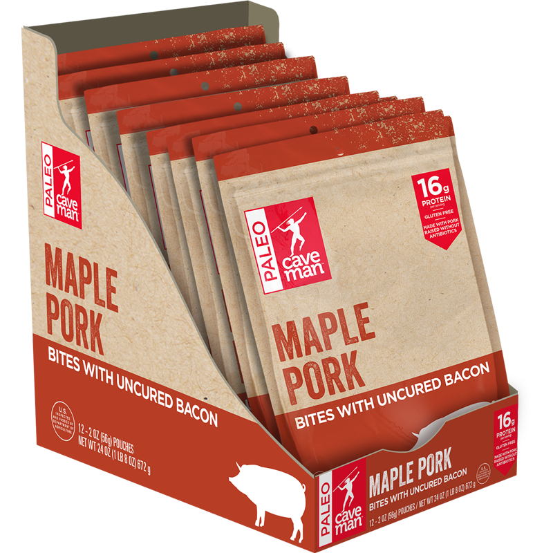 Caveman Maple Pork Meat Bites in pouches, showcasing gluten-free, protein-rich snacks made from antibiotic-free pork.